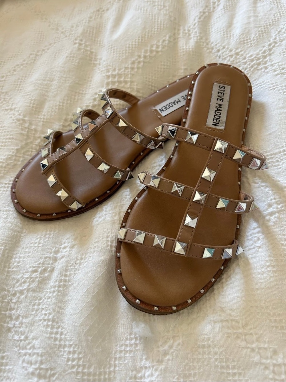 Steve Madden Brown Studded Triple-Strap Slide Sandals